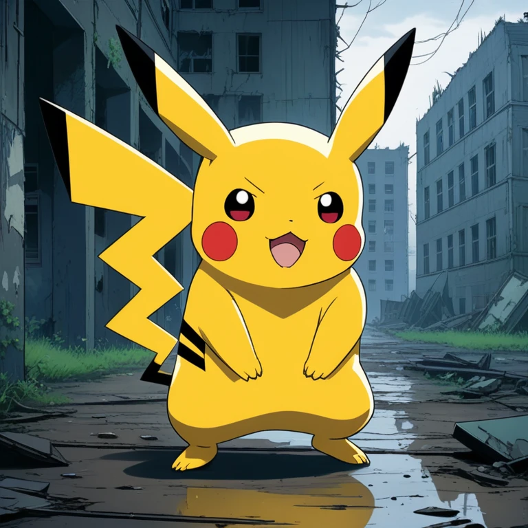 90s anime style, alone, (((Muscular Pikachu))) Pikachu attacks,In the background is an abandoned, abandoned building, Gloomy atmosphere, Cinematic, Detailed body, Fine grain, 8k, highest quality, Full Sharp, Very detailed, Skin pores, Natural skin texture, Superior quality,Scary Pikachu,Creepy Pikachu,((humanoid)),4th degree,