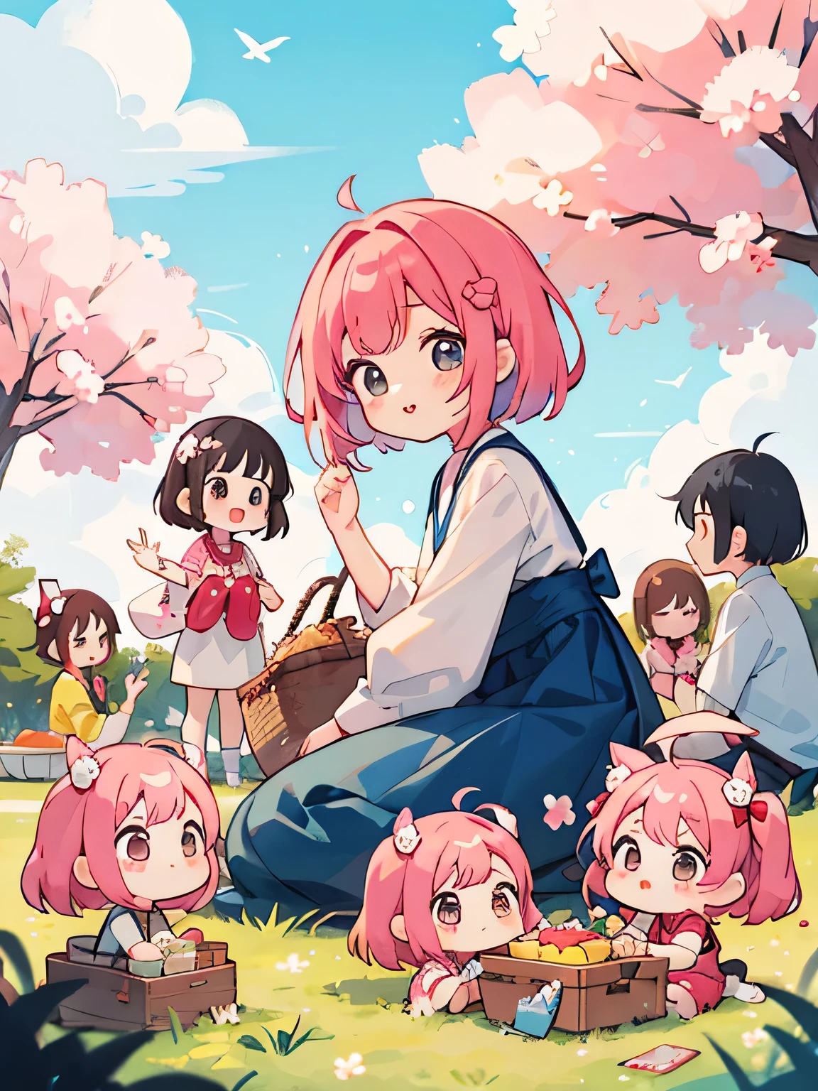 Momoko Sakura style, Kawaii Design, (((10 people)))、most beautiful girl ever、Chibi, Colorful bob hair、((Lots of friends))、picnic  together
