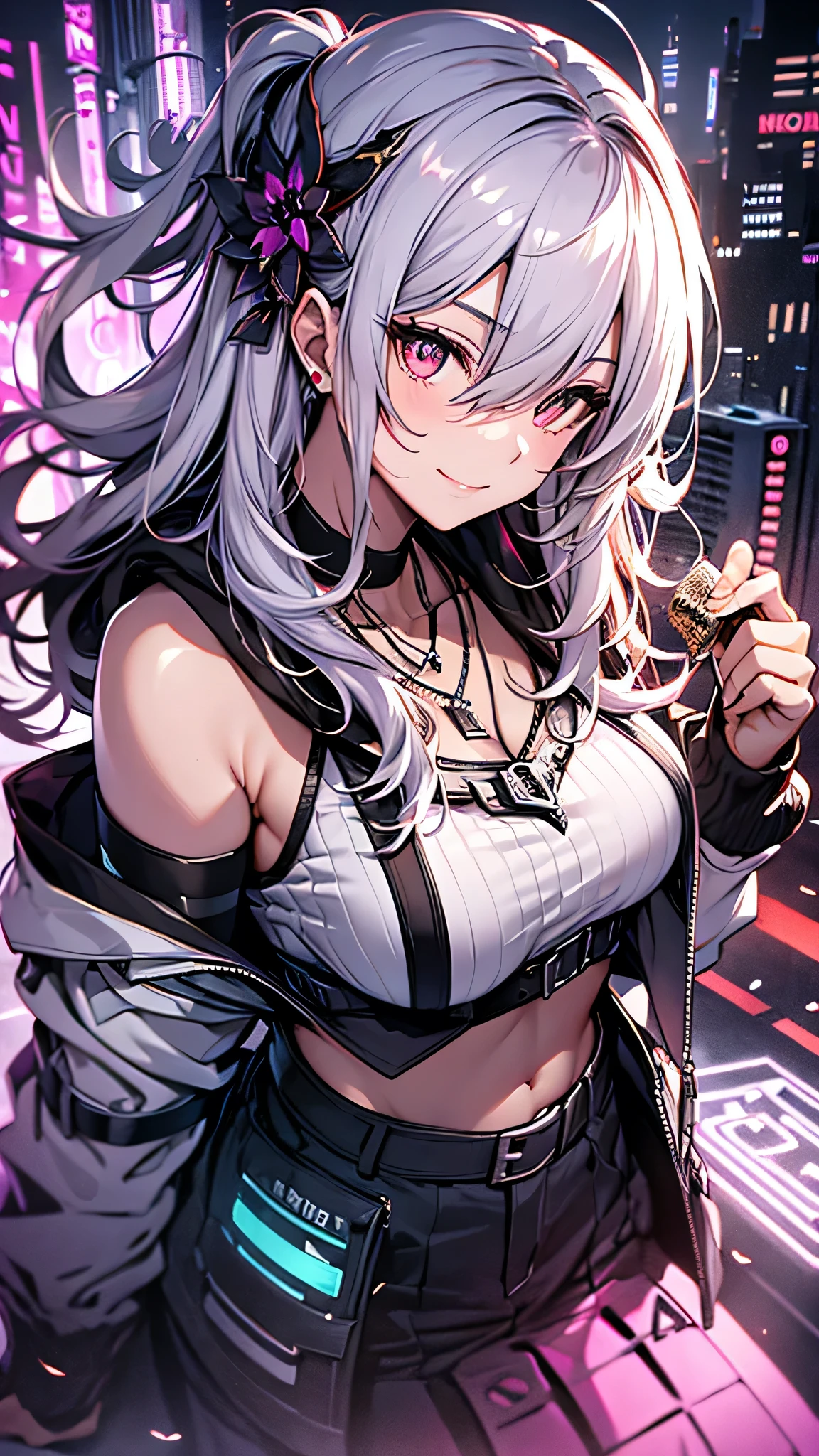 最high quality、Best image quality、masterpiece、girl((18-year-old、 By becoming、Best Bust、Medium Bust,Wide open breast tea、Red glowing eyes,Silver Hair、Disheveled Hair、Long Hair、thin,The highest valley、Open chest、Luminous Wristbands、smile、hair ornaments、luminous necklace、Black sleeveless hoodie(1:2)、Blue short skirt、Angle from directly above、Disheveled clothing、Show the whole body,Low - Angle)),high quality、Beautiful art、background((Cosmic))、Flight、Flying debris、Written boundary depth、movie、Visual Arts、Perfect art、8K,Genuine、