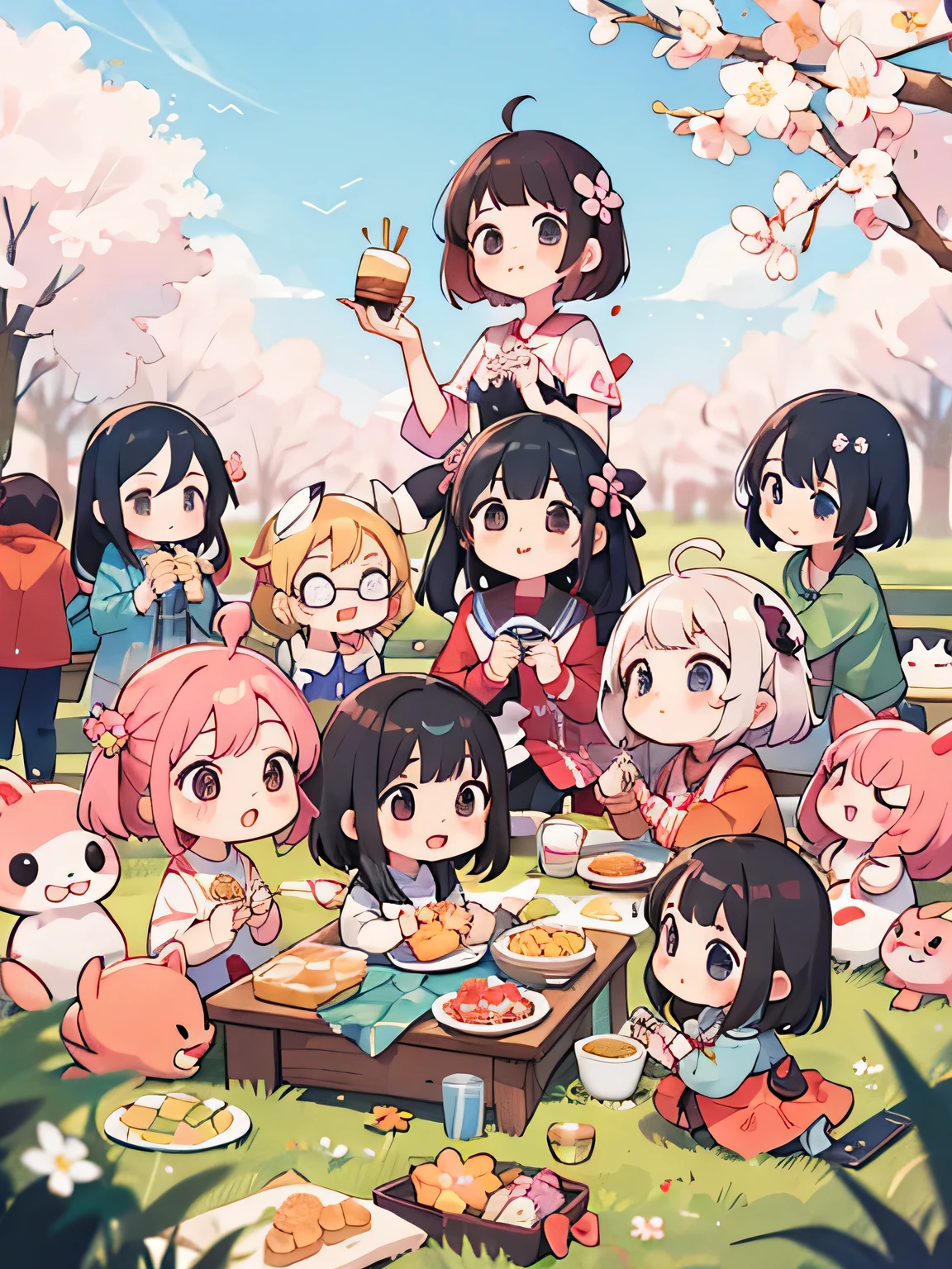 Momoko Sakura style, Kawaii Design, (((10 people)))、most beautiful girl ever、Chibi, Colorful bob hair、((Lots of friends))、picnic together