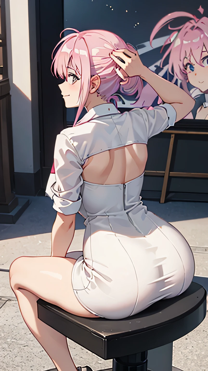 high res, ultrasharp, 8K, masterpiece, looking at viewer, photograph from behind, tight dress, thicc ass, wearing Yokata, pink hair, seductive smile, beautiful face, sitting, minimalist coloring