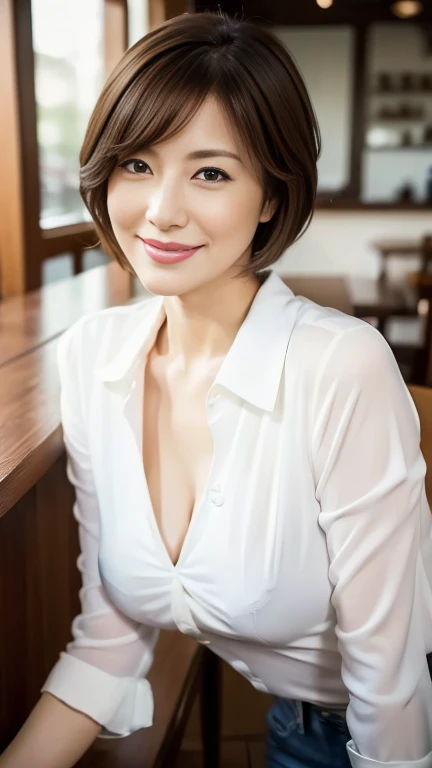 (highest quality,8k,masterpiece),
日本人Mature Woman,40 years,Mature Woman,Pure white skin, Tabletop、Top view from chest、
(Plump Breasts 1.3)、 ((White blouse with collar))、Light blue denim pants、Random hairstyle、
,A gentle smile、A gaze that seduces viewers、Dining out、Inside the coffee shop、Over a cup of coffee、