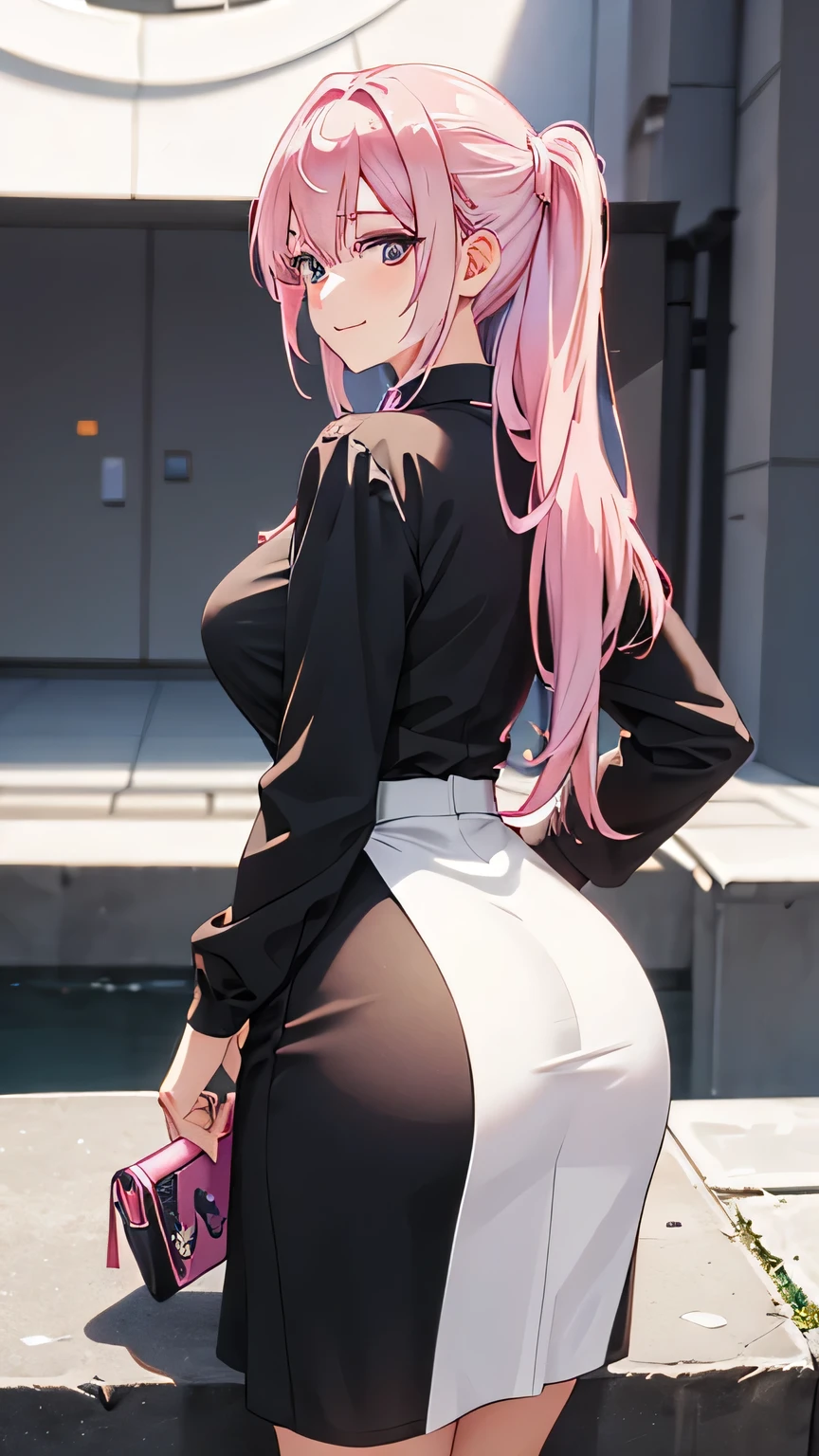 high res, ultrasharp, 8K, masterpiece, looking at viewer, photograph from behind, tight dress, thicc ass, wearing Yokata, pink hair, seductive smile, beautiful face, sitting, minimalist coloring