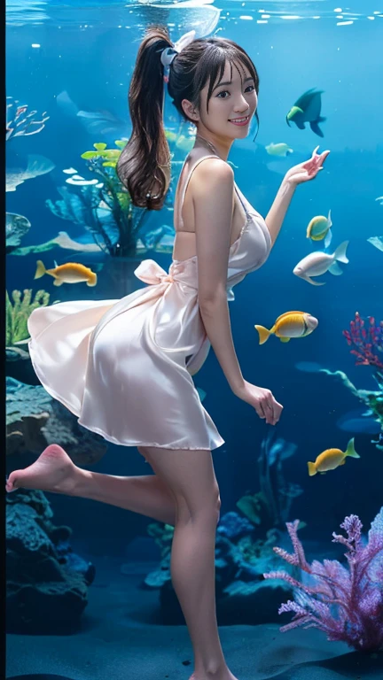 ((masterpiece)), (highest quality), 23 years old,Very detailed, finely, (High resolution), (8k), ((Perfect front viewcomposition)), (Natural color lip),(Side Ponytail:1.3),(((big aquarium内で前を向いて立っている))), Look at me and smile))),((Silk rainbow color short dress)),((From the whole body to the toes:1.3)),((Perfect front view)),((big aquarium)),((Model pose)),,((Big ribbon on thigh)),((Normal size buttocks)),((Ample breasts)),((Full and firm breasts)),(Look at me and smile),