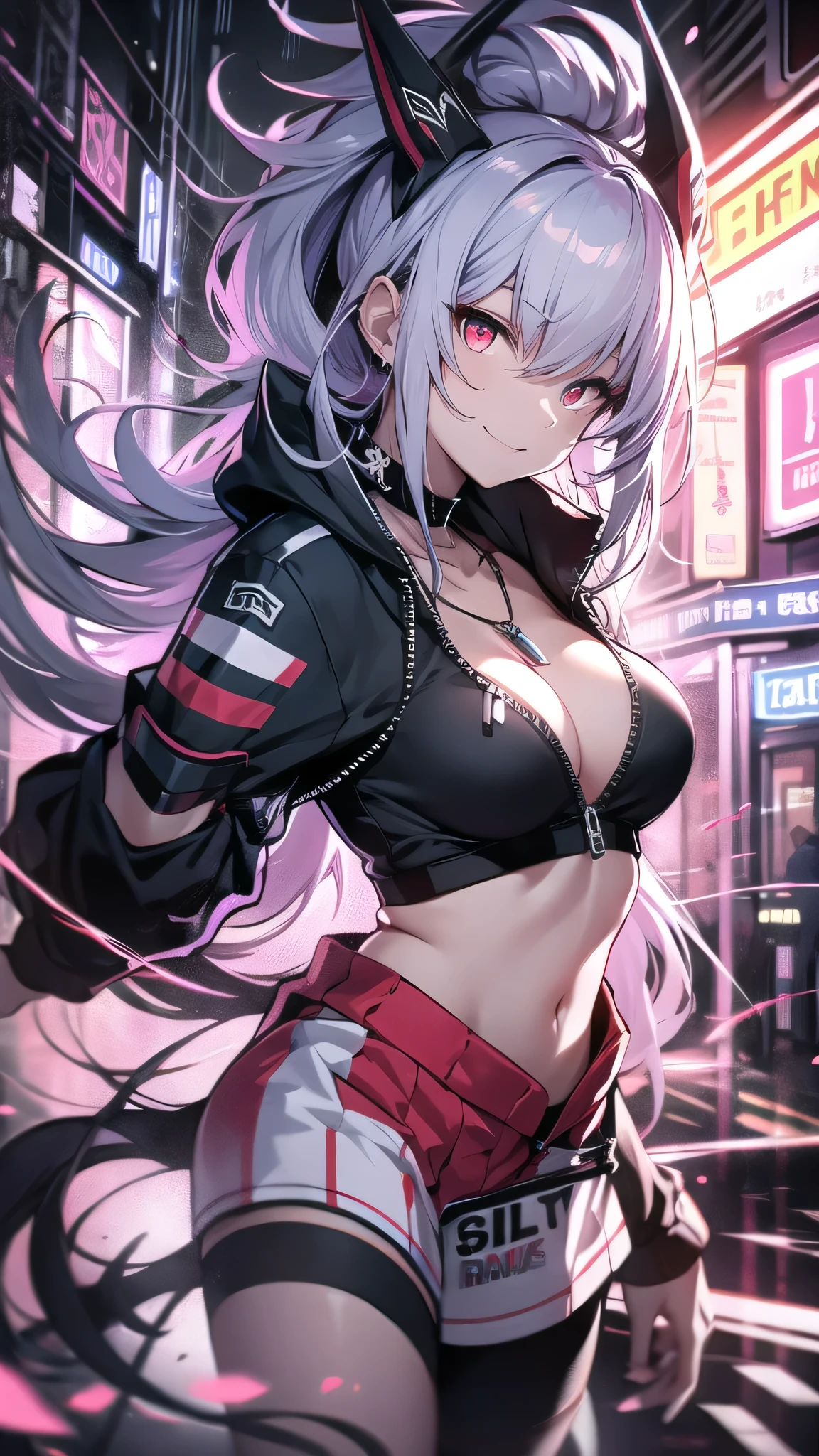 最high quality、Best image quality、masterpiece、girl((18-year-old、 By becoming、Best Bust、Medium Bust,Wide open breast tea、Red glowing eyes,Silver Hair、Disheveled Hair、Long Hair、thin,The highest valley、Open chest、Luminous Wristbands、smile、hair ornaments、luminous necklace、Black sleeveless hoodie(1:2)、Blue short skirt、Angle from directly above、Disheveled clothing、Show the whole body,Low - Angle、hacker)),high quality、Beautiful art、background((Neon Town、Neon Light))、Flight、Flying debris、Written boundary depth、movie、Visual Arts、Perfect art、8K,Genuine、