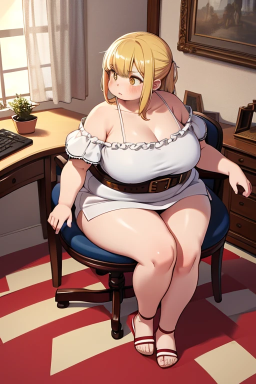 4k, high quality, obese shinobuYoung, masterpiece, Best quality, absurdity, obese 1girl, big cheeks, Blonde hair, Yellow golden eyes, One, Sort, night, big breasts, Desktop, obese , round table, sitting, Spread her legs, panties are visible,  looking, bare shoulders, white short dress, sliding belt, clavicle, (view from above:1.1), (inexpressive:1.1), slim, browse, (Checkered floor:1.5), (knee up:1.3)