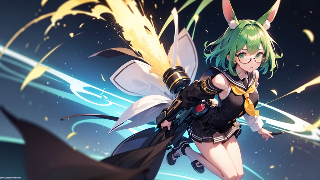 neat figure, 1 girl, age girl, very short hair, Air bangs, deep green hair, extremely beautiful detailed anime face and eyes, ^ ^, highly detailed skin, rabbit ears, Round rabbit tail, Black glasses without a frame on top, gun, sailor dress, Long sleeve, white skirt, black background Clothes, Japanese style architecture, space, outdoors, luminous particles, Very detailed CG unified 8k wallpaper, very fine 8KCG wallpaper, hyper quality,