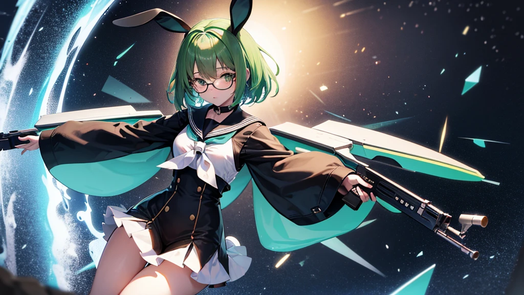 neat figure, 1 girl, girl, very short hair, Air bangs, deep green hair, extremely beautiful detailed anime face and eyes, ^ ^, highly detailed skin, rabbit ears, Round rabbit tail, Black glasses without a frame on top, gun, sailor dress, Long sleeve, white skirt, black background Clothes, Japanese style architecture, space, outdoors, luminous particles, Very detailed CG unified 8k wallpaper, very fine 8KCG wallpaper, hyper quality,