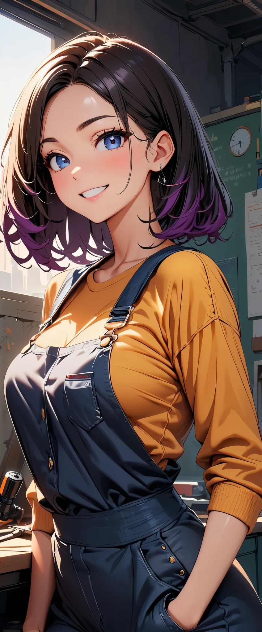 (highest quality:1.2, Very detailed, Latest, Vibrant, Ultra-high resolution, High Contrast, masterpiece:1.2, highest quality, Best aesthetics), Beautiful female mechanic, sexy, Work clothes, Overalls, Best Body Line, Beautiful detailed eyes, A professional and confident smile, Detailed facial features, Elegant hairstyle, Power tools, detailed machine, The work contents written on the wall, A neat and tidy desk, Precision work, Adorable,