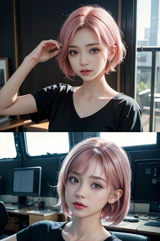 ((Masterpiece)), ((highest quality)), (Super Detail), ((High detail)), 4K, (8K), Highest quality, (beautiful), Realistic photos, Disorganized, Date Style, Pink Hair、chest、chestの谷間、short hair、Earrings、Black T-shirt, satisfied expression, 自然なbeautiful光, かなりbeautiful女性、Securities Market、Looking at the viewer