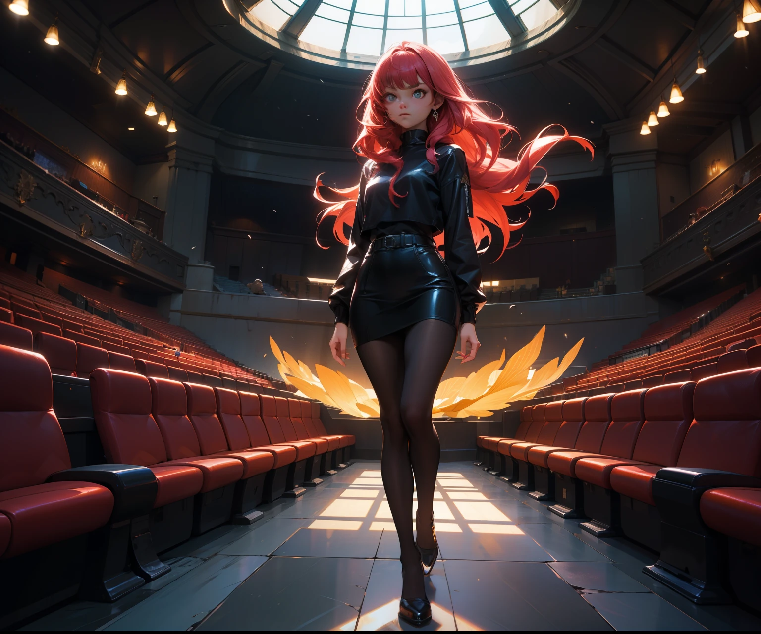 obra maestra,of the highest quality,high resolution, una chica de cabello largo y rosa brillante y hermoso y un chico con el cabello largo y negro oscuro, dynamic pose, sentados en una sala de cine viendo una pelicular mientras tienen un bote de palomitas, The room is dark and has good lighting that is reflected in the characters' faces., They both wear comfortable clothes, as if watching a movie, they are in chill mode..
