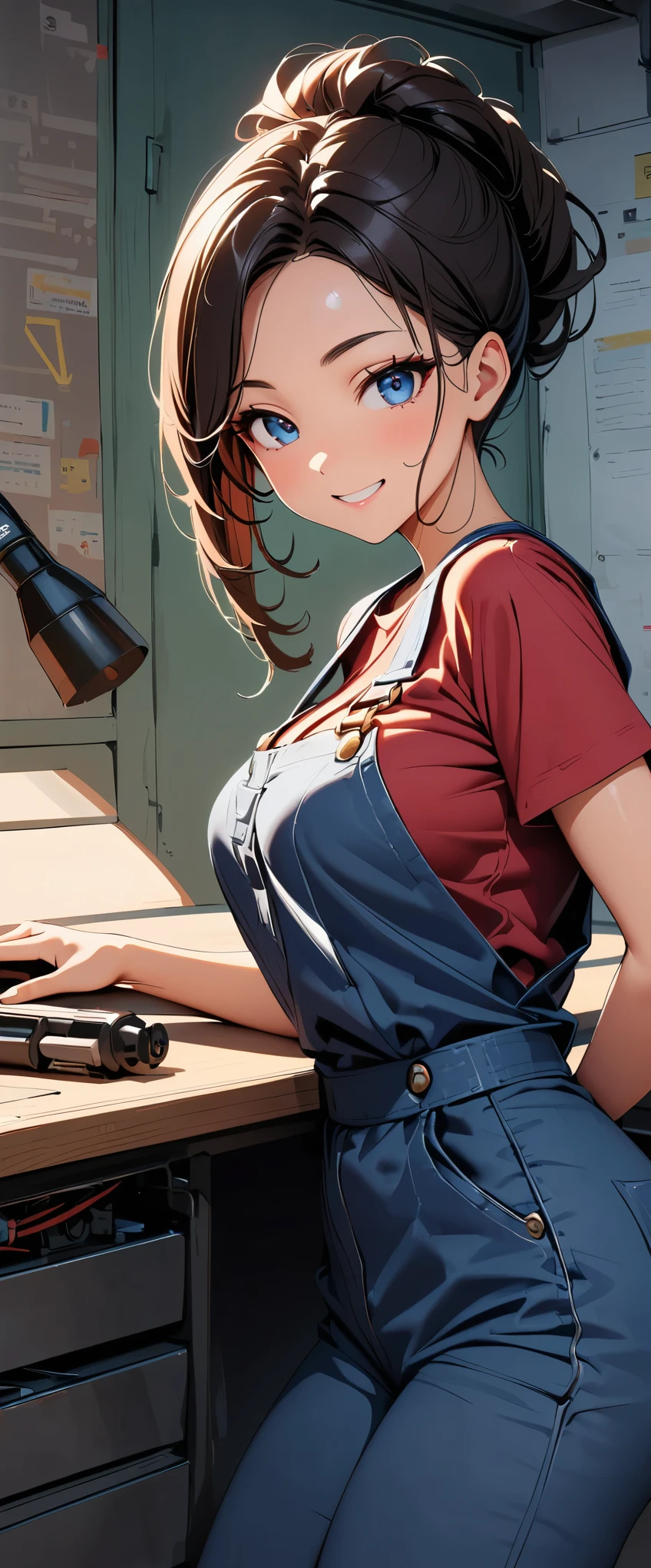 (highest quality:1.2, Very detailed, Latest, Vibrant, Ultra-high resolution, High Contrast, masterpiece:1.2, highest quality, Best aesthetics), Beautiful female mechanic, sexy, Work clothes, Overalls, Best Body Line, Beautiful detailed eyes, A professional and confident smile, Detailed facial features, Elegant hairstyle, Power tools, detailed machine, The work contents written on the wall, A neat and tidy desk, Precision work, Adorable,