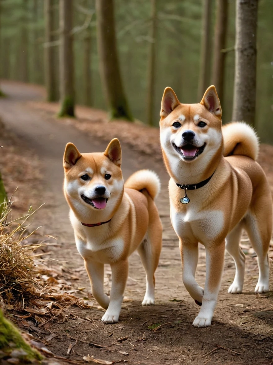 A scene of Shiba Inus in their natural habitat during the winter season. These Shiba Inus boast dense and splendid fur that varies from gray to white, frolicking in a snow-covered forest landscape. Their bright and astute eyes are filled with alertness and caution, reflecting the pale moonlight. The leading Shiba Inu is noticeably more robust and muscular than its companions, its resolute gaze scanning the surroundings. The other Shiba Inus follow in a loose formation, their movements in sync with each other, displaying a powerful sense of unity and survival skills in the harsh environment.