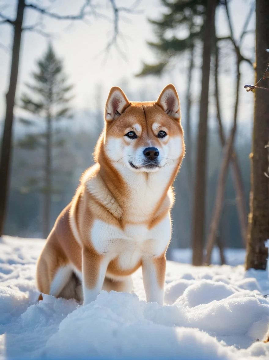 A scene of Shiba Inus in their natural habitat during the winter season. These Shiba Inus boast dense and splendid fur that varies from gray to white, frolicking in a snow-covered forest landscape. Their bright and astute eyes are filled with alertness and caution, reflecting the pale moonlight. The leading Shiba Inu is noticeably more robust and muscular than its companions, its resolute gaze scanning the surroundings. The other Shiba Inus follow in a loose formation, their movements in sync with each other, displaying a powerful sense of unity and survival skills in the harsh environment.