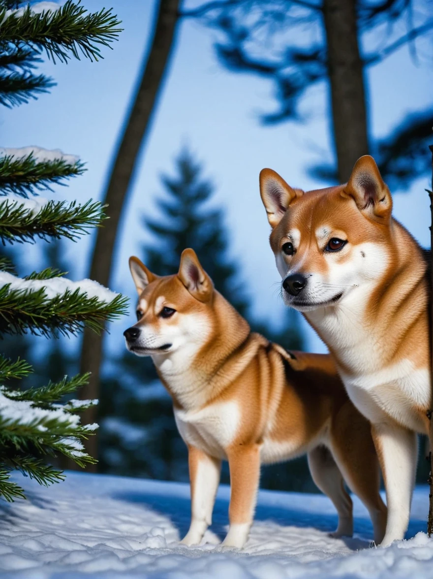 A scene of Shiba Inus in their natural habitat during the winter season. These Shiba Inus boast dense and splendid fur that varies from gray to white, frolicking in a snow-covered forest landscape. Their bright and astute eyes are filled with alertness and caution, reflecting the pale moonlight. The leading Shiba Inu is noticeably more robust and muscular than its companions, its resolute gaze scanning the surroundings. The other Shiba Inus follow in a loose formation, their movements in sync with each other, displaying a powerful sense of unity and survival skills in the harsh environment.