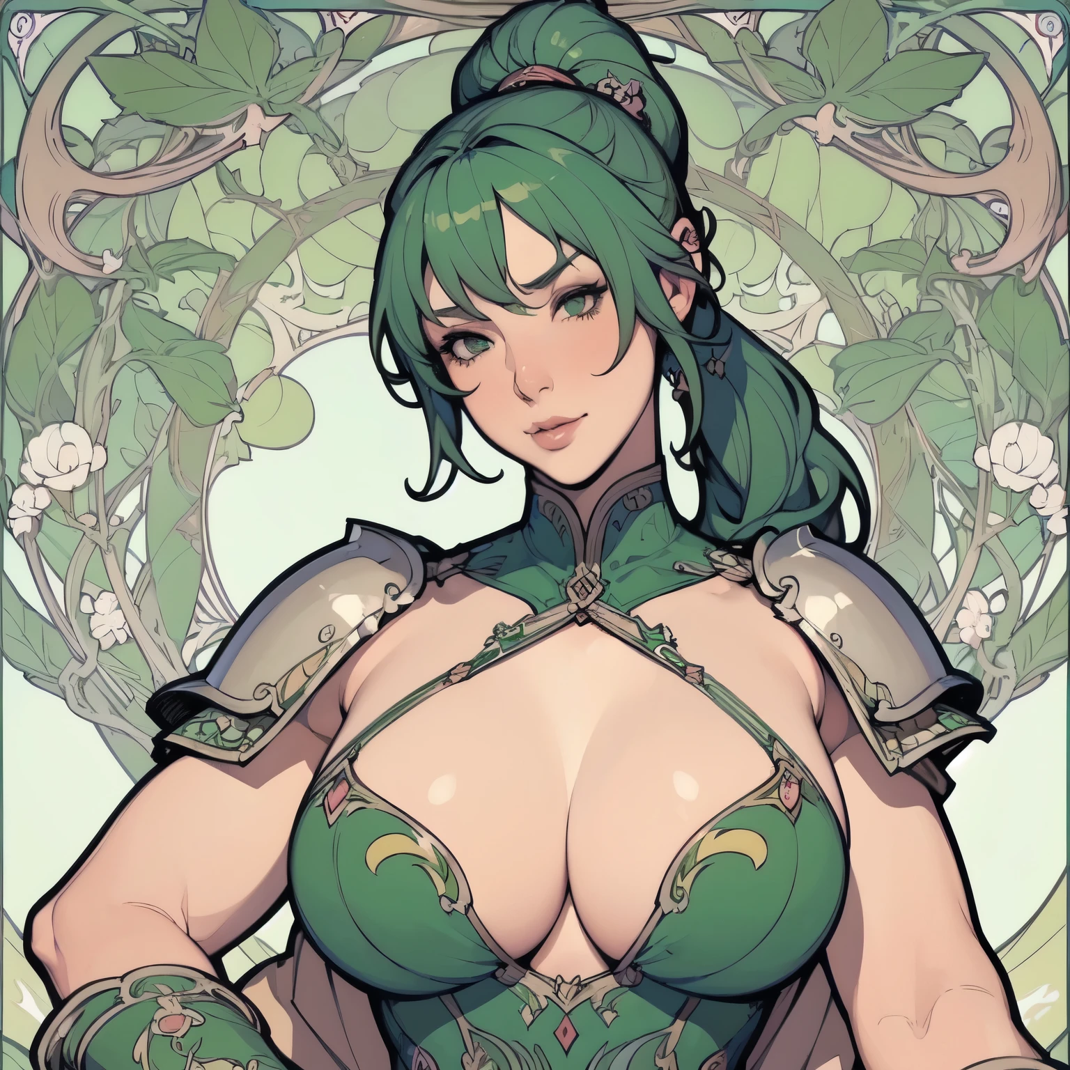 ((Detailed face)),((Mucha's style)),(vulgar),(portrait),huge breasts, Raised ,sexual excitement, The look of ecstasy,having after sex,green hair,side ponytail,(arms behind back:1.2),((addiction to sex))((Medieval fantasy Female knight )),((Wearing sexy heavy armour)),(high position:1.6)