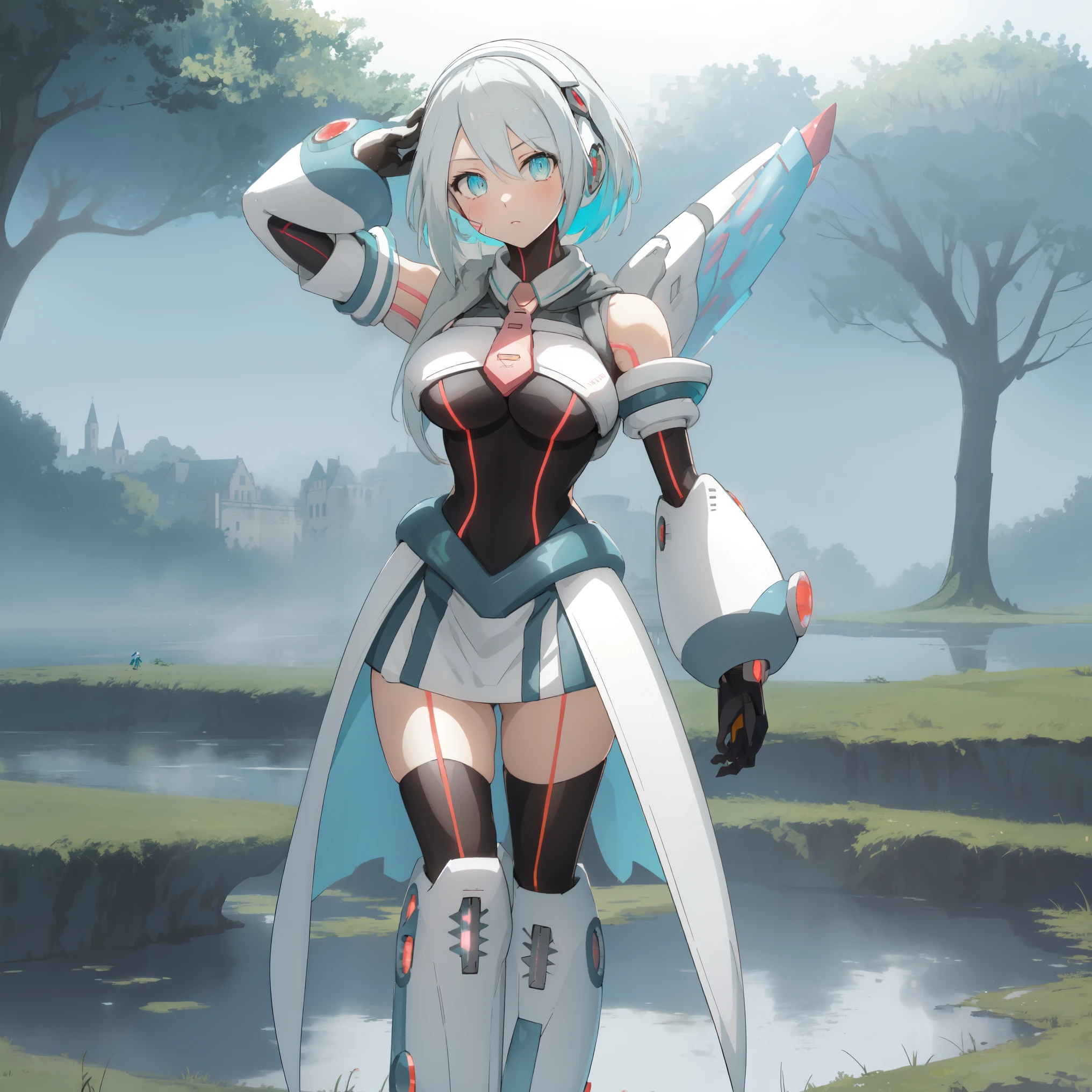 ico_megamanxdive, 1girl, blue eyes, solo, white hair, android, large breasts, black gloves, short hair, thighhighs, necktie, high quality, masterpiece, standing next to a swamp and castle surrounded by mist, outdoors, tree, solo, from behind, bird, facing away, scenery