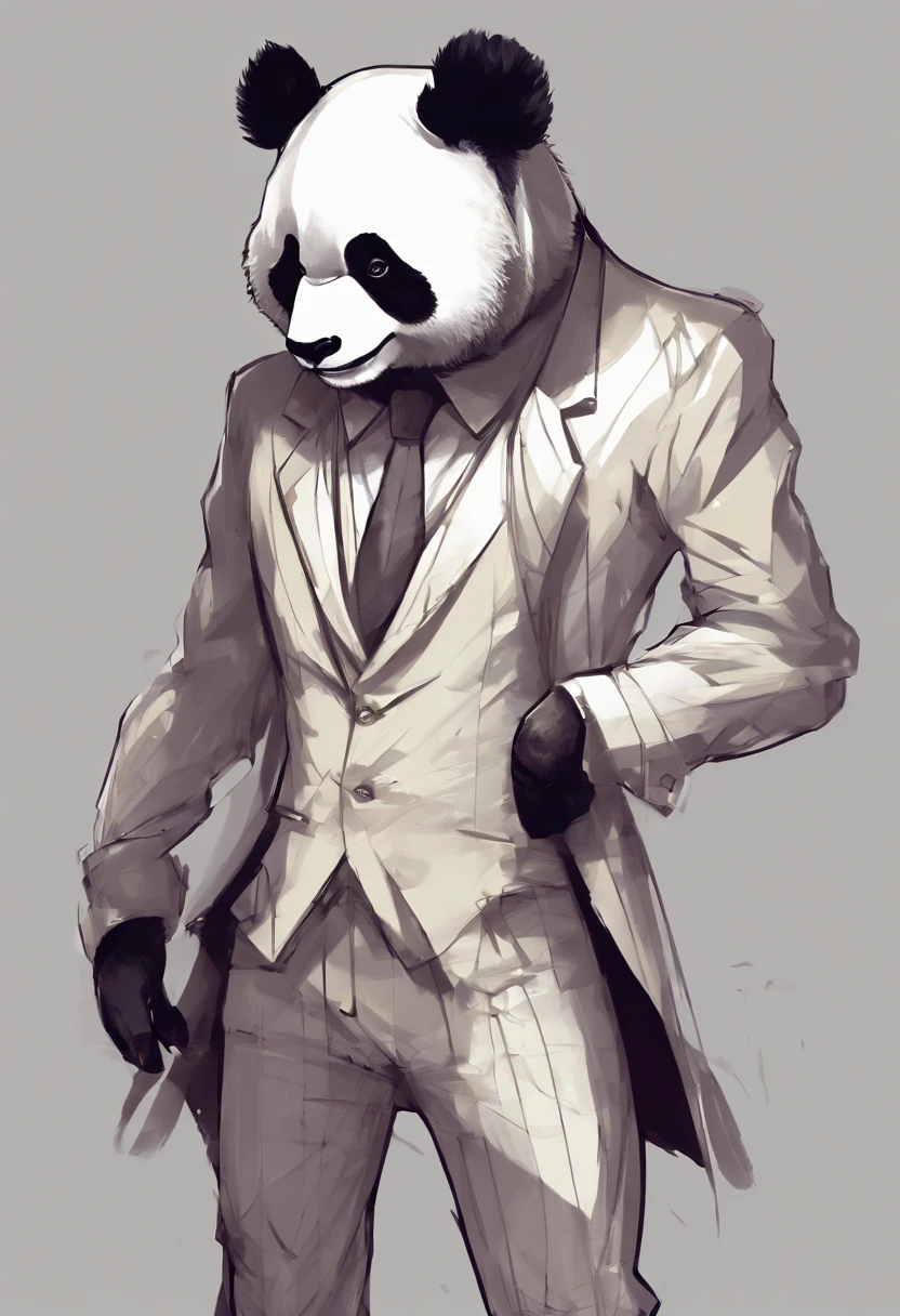 anthropomorphic panda, de cuerpo entero, vestido formalmente con un blazer, sostiene una bandeja, pegatina de panda, sticker de panda.