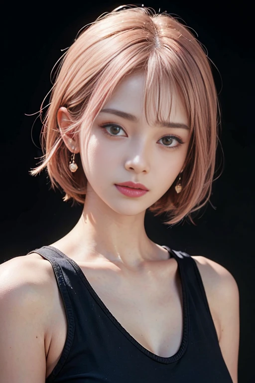 ((Masterpiece)), ((highest quality)), (Super Detail), ((High detail)), 4K, (8K), Highest quality, (beautiful), Realistic photos, Disorganized, office, Pink Hair、chest、chestの谷間、short hair、Earrings、Black T-shirt, satisfied expression, 自然なbeautiful光, かなりbeautiful女性、Securities Market、Don't look at the viewer