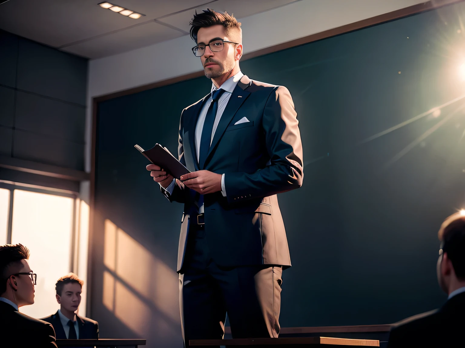 1Male teacher standing on the podium giving a lecture to students，Clear facial features，‎Classroom，blackboard，Movie Lighting，masterpiece,，Depth of Field， lens flare，8k， RAW photos， Suit， Best quality， Ultra-high resolution， Realistically，Ultra-high resolution，HD CG unified 8k wallpaper，Physically Based Rendering，