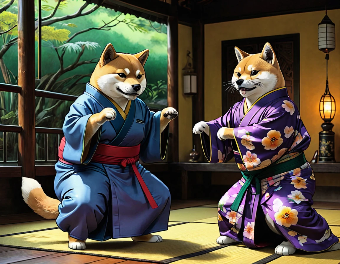 Anthropomorphic shiba inu in kimono on tatami vs. Anthropomorphic fat black cat. Studio Ghibli Dark Comics. Underground fighting without rules. Mortal Kombat, alcohol ink sketch technique, hyperdetailed, 32k resolution, employing octane rendering akin to Unreal Engine, with radiant color palette, astonishing in composition, monumental masterpiece, vivid colors, volumetric lighting, cinematic allure.