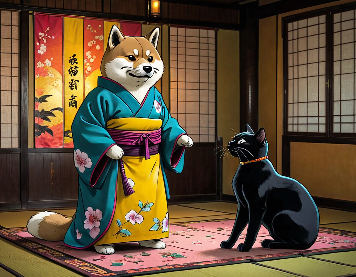 Anthropomorphic shiba inu in kimono on tatami vs. Anthropomorphic fat black cat. Studio Ghibli Dark Comics. Underground fighting without rules. Mortal Kombat, alcohol ink sketch technique, hyperdetailed, 32k resolution, employing octane rendering akin to Unreal Engine, with radiant color palette, astonishing in composition, monumental masterpiece, vivid colors, volumetric lighting, cinematic allure.