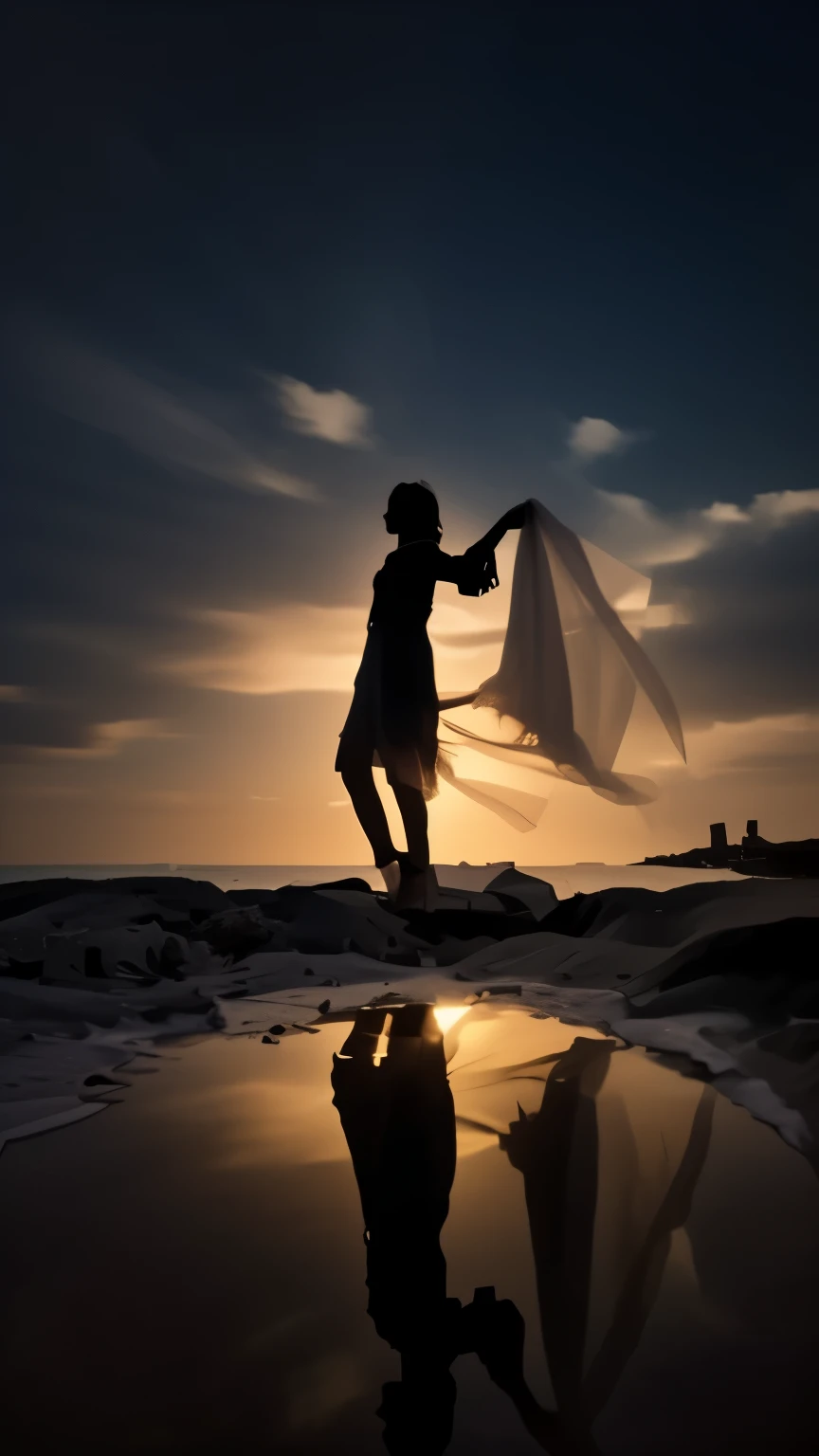 Arabian woman in a white dress holding a white veil, Flowing Cape, Girl dancing on a cliff, Girl Standing On Cliff, unsplash Contest winning photo, 幻想的でdream-like, loose fitting dress, wearing a loose fitting dress, Mysterious and otherworldly, flowing fabric, By Matiya Jama, dream-like、Fantastic, Surreal photos of the beach, Brad Holland, Nico Henrichon