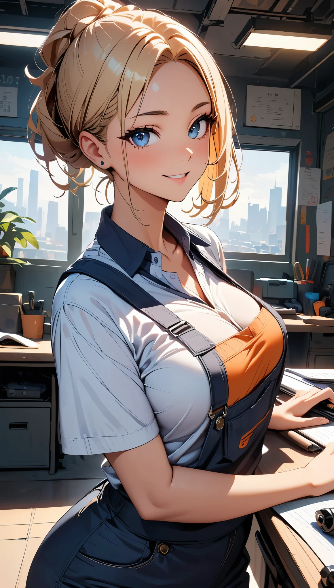 (highest quality:1.2, Very detailed, Latest, Vibrant, Ultra-high resolution, High Contrast, masterpiece:1.2, highest quality, Best aesthetics), Beautiful female mechanic, sexy, Work clothes, Overalls, Best Body Line, Beautiful detailed eyes, A professional and confident smile, Detailed facial features, Elegant hairstyle, Power tools, detailed machine, The work contents written on the wall, A neat and tidy desk, Precision work, Adorable,