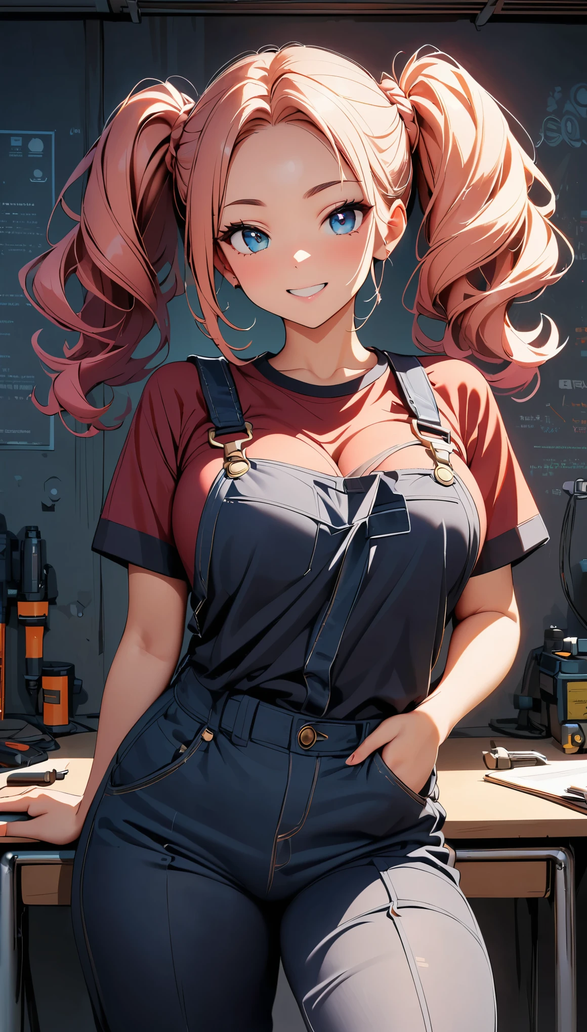 (highest quality:1.2, Very detailed, Latest, Vibrant, Ultra-high resolution, High Contrast, masterpiece:1.2, highest quality, Best aesthetics), Beautiful female mechanic, sexy, Work clothes, Overalls, Best Body Line, Beautiful detailed eyes, A professional and confident smile, Detailed facial features, Elegant hairstyle, Power tools, detailed machine, The work contents written on the wall, A neat and tidy desk, Precision work, Adorable,