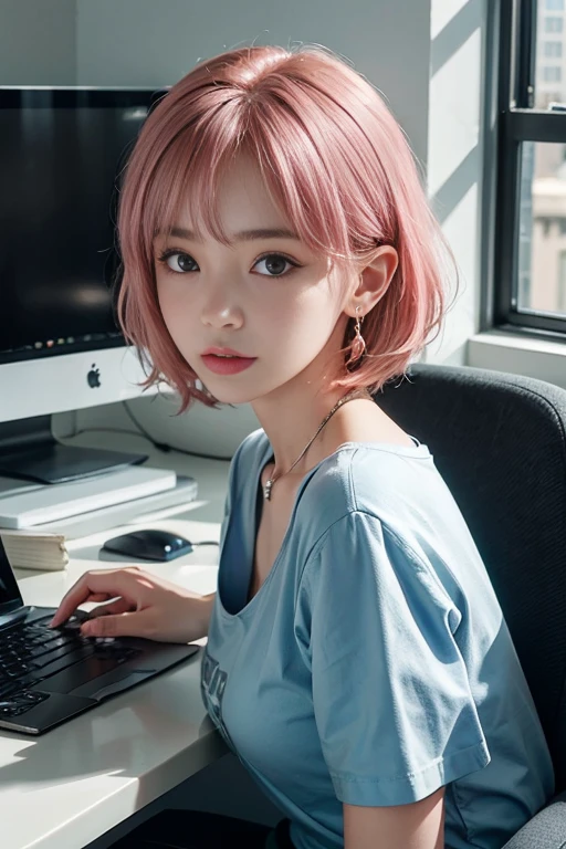 ((Masterpiece)), ((highest quality)), (Super Detail), ((High detail)), 4K, (8K), Highest quality, (beautiful), Realistic photos, Disorganized, office, Pink Hair、chest、chestの谷間、short hair、Earrings、Black T-shirt, satisfied expression, 自然なbeautiful光, かなりbeautiful女性、computer、((Don't look at the viewer))