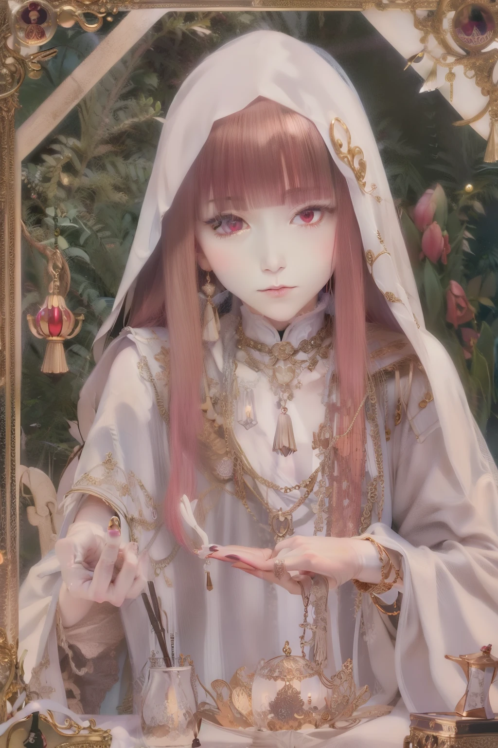 Tarot readingをする謎の女性,Tarot reading,Cute face,Blunt bangs, Straight hair, Shiny Hair,Medieval Mystery Costume,Mysterious fortune teller,The mysterious hermit,White magician,Magic Light,albino,Red eyes,Red glowing eyes,Magic Light,