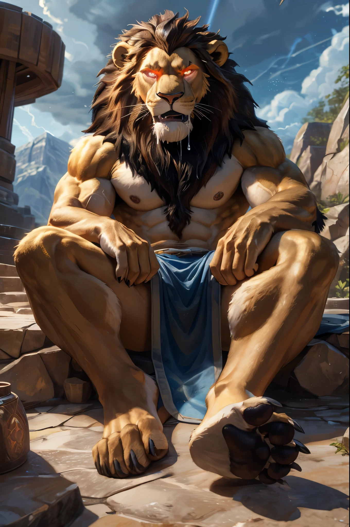 (((Barefoot furry character, full body, cinematic setting, furry male, plantigrade, nice soles, glowing eyes, drooling))) (Zeus - King of the Gods) depicted as a majestic (((lion))) anthro with a muscular build, golden fur, and piercing blue eyes. He wears a regal white toga draped over one shoulder, adorned with thunderbolt motifs. Zeus sitting barefoot atop Mount Olympus, with storm clouds gathering in the background, accompanied by flashes of lightning and crashing thunder. ((His attribute, the thunderbolt)) rests beside him, crackling with power. BREAK, detailed background, 8K, (masterpiece:1.5), intricate details, highly detailed, extreme detail, octane render, fine art, best quality, highres, (detailed face:1.5), ((full_body)), UHD, (((perfect hands))), low light