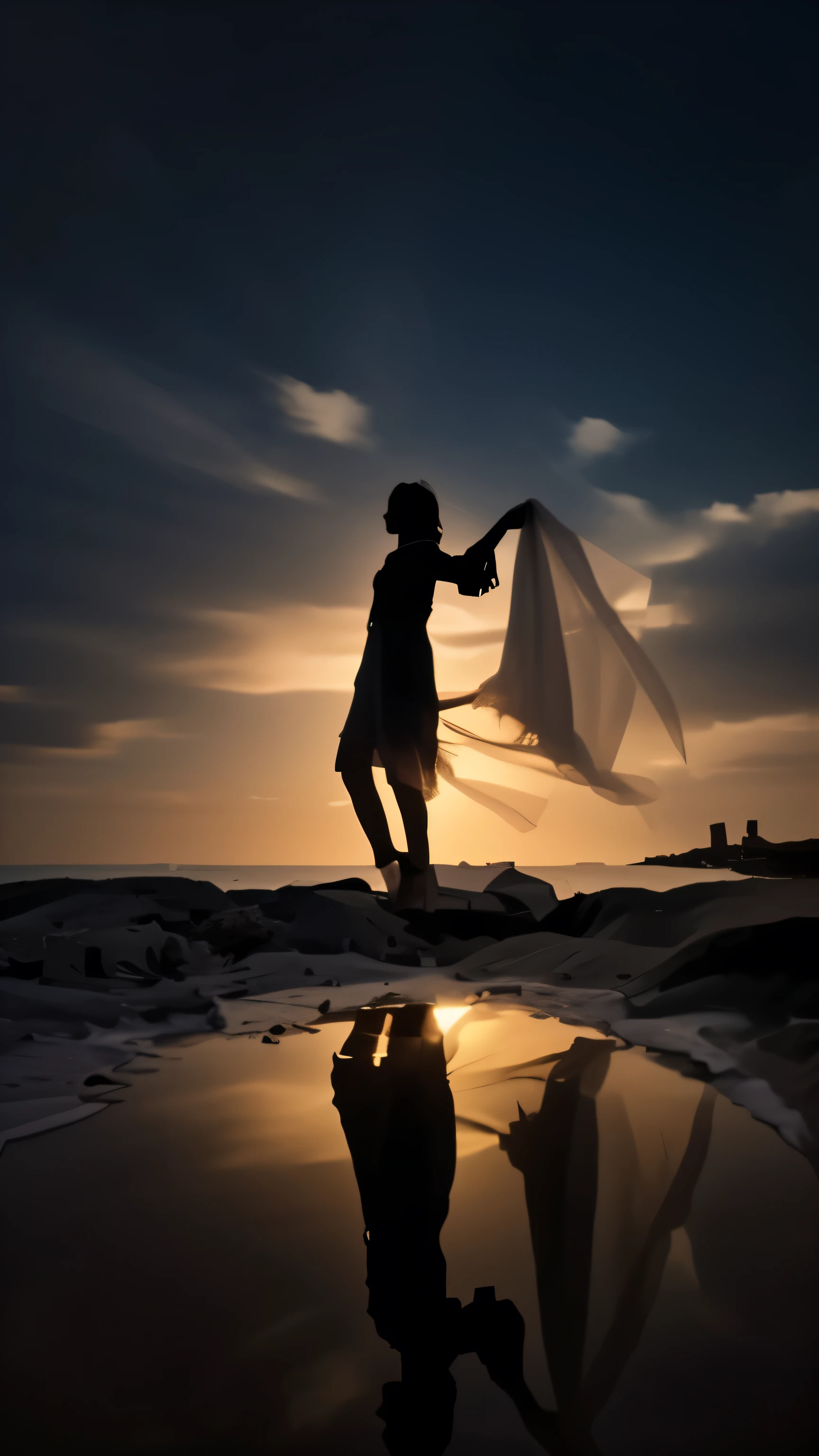 Arabian woman in a white dress holding a white veil, Flowing Cape, Girl dancing on a cliff, Girl Standing On Cliff, unsplash Contest winning photo, Fantastic and dream-like, loose fitting dress, wearing a loose fitting dress, Mysterious and otherworldly, flowing fabric, By Matiya Jama, dream-like、Fantastic, Surreal photos of the beach, Brad Holland, Nico Henrichon