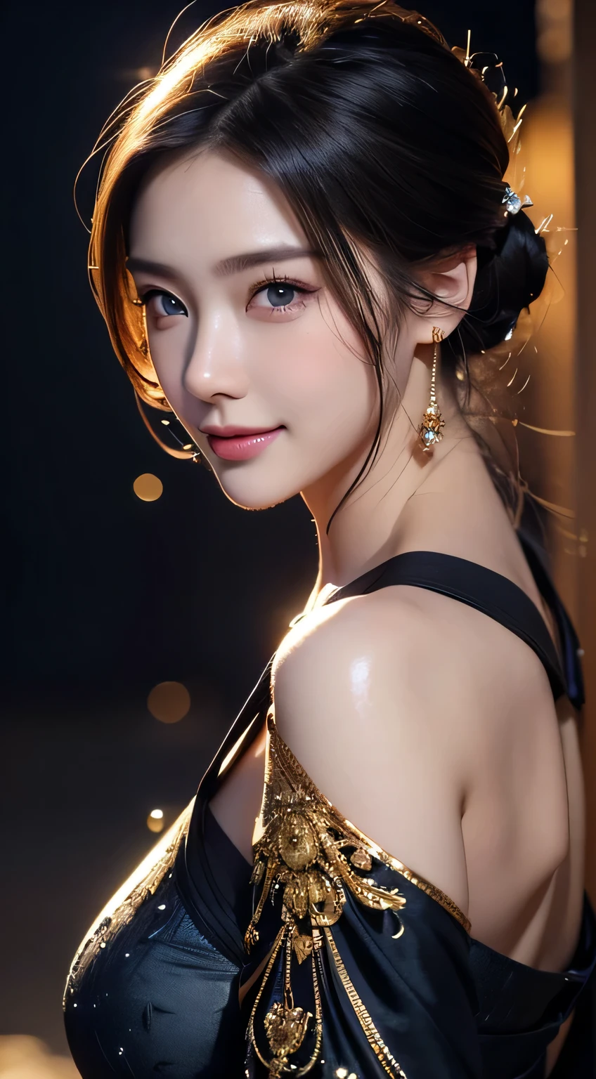 Beautiful woman in kimono,Body Portrait、8k,Beautiful and beautiful eyes,Dindal effect、masterpiece, 最high quality, high quality, High resolution、Very detailed photos、(Natural skin texture、Fine skin、Hyperrealism、Ultra Sharpness)、Skin with attention to detail、(Very detailed、Fine skin texture、Intricate details、Beautiful Face、(A vivid face)、Realistic eyes、Beautiful and detailed、Realistic Skin、Beautiful Skin、Surreal、Very detailed、Golden Ratio、With a smile、((Night moonlight background))、Body Portrait、G-Cup、Big Breasts,glamorous,Shiny bodysuit