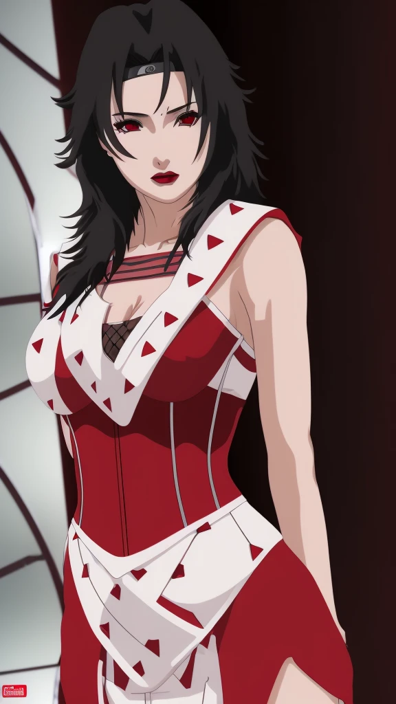 kurenai yuhi, red eyes, thick lips, seductive lipstick, eyeshadow, white translucent dress, (transparent glass corset), thin waist, small waist, wide hips, photorealistic, hyperrealistic