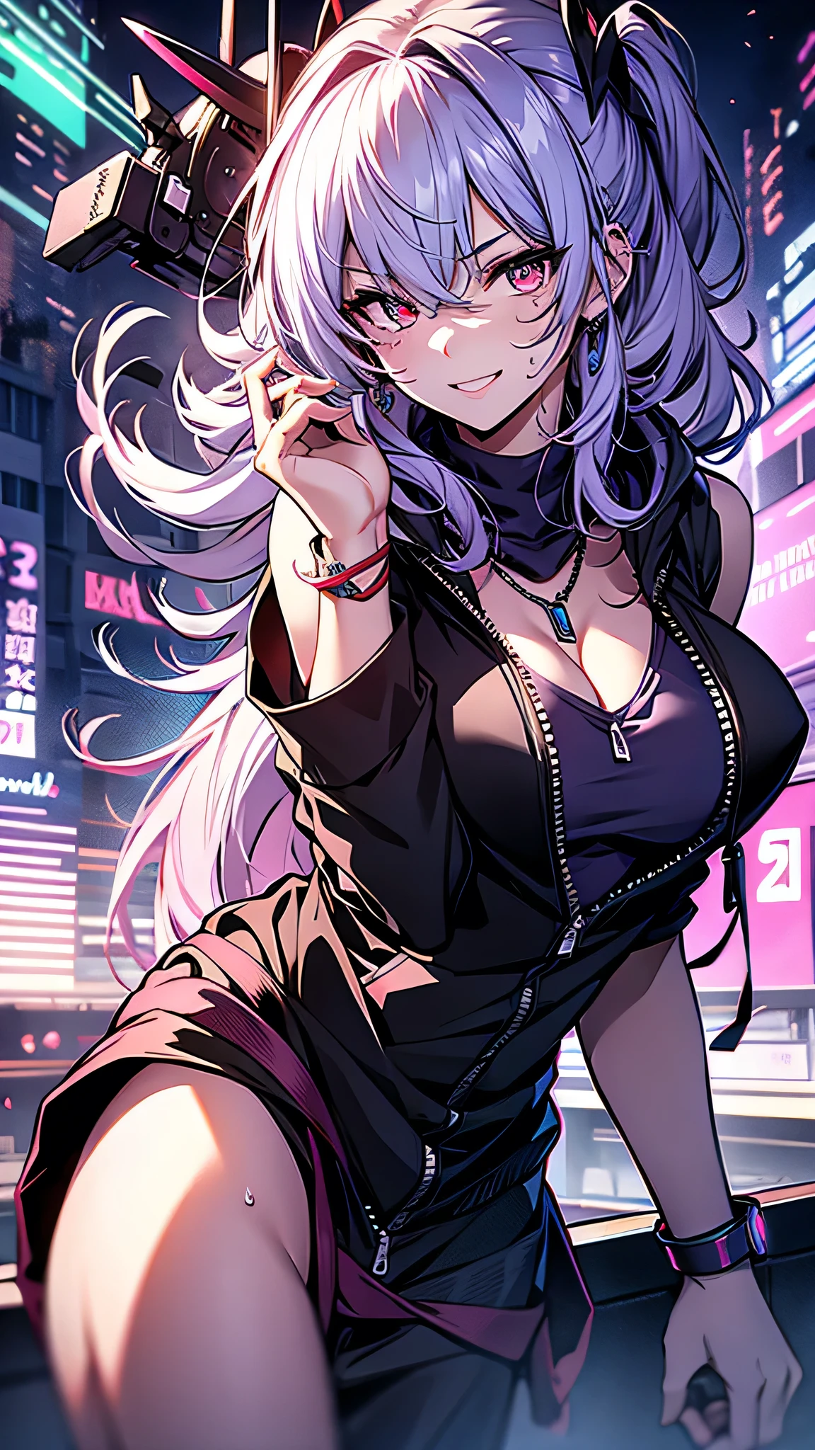 最high quality、Best image quality、masterpiece、girl((18-year-old、 By becoming、Best Bust、Medium Bust,Wide open breast tea、Red glowing eyes,Silver Hair、Disheveled Hair、Long Hair、thin,The highest valley、Open chest、Luminous Wristbands、smile、hair ornaments、luminous necklace、Black sleeveless hoodie(1:2)、Blue short skirt、Angle from directly above、Disheveled clothing、Show the whole body,Low - Angle、Hacker-like、sweating)),high quality、Beautiful art、background((Neon Town、Neon Light))、Flight、Flying debris、Written boundary depth、movie、Visual Arts、Perfect art、8K,Genuine、