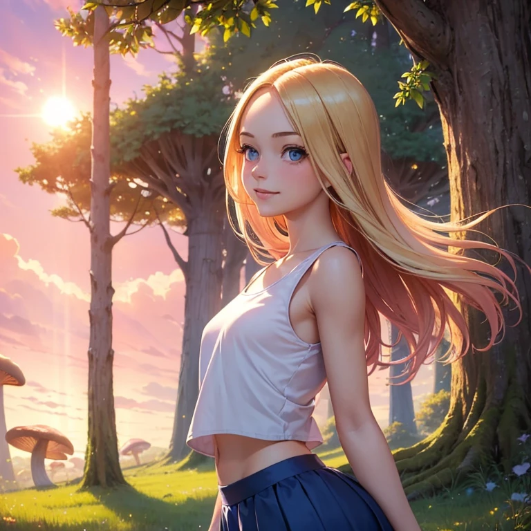 (masterpiece, best quality:1.4), (8K), Young blonde beauty, (((18 years old, neat girl))), detailed blue eyes, long eyelashes, blush, kind smile, upper body, crop top, small ass, slender thin legs, pink skirt, (from side), (looking at viewer), beautiful blonde hair, white-skinned, long hair, parted bangs, (small breasts), (mushroom forest, celestial forest, beautiful and magnificent pink sunshine, majestic sky), colorful natural light)