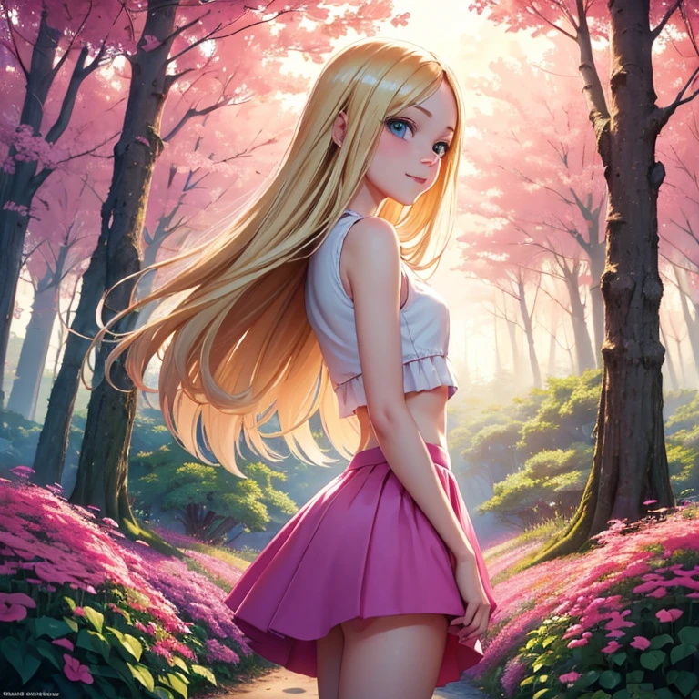 (masterpiece, best quality:1.4), (8K), Young blonde beauty, (((18 years old, neat girl))), detailed blue eyes, long eyelashes, blush, kind smile, upper body, crop top, small ass, slender thin legs, pink skirt, (from side), (looking at viewer), beautiful blonde hair, white-skinned, long hair, parted bangs, (small breasts), (mushroom forest, celestial forest, beautiful and magnificent pink sunshine, majestic sky), colorful natural light)