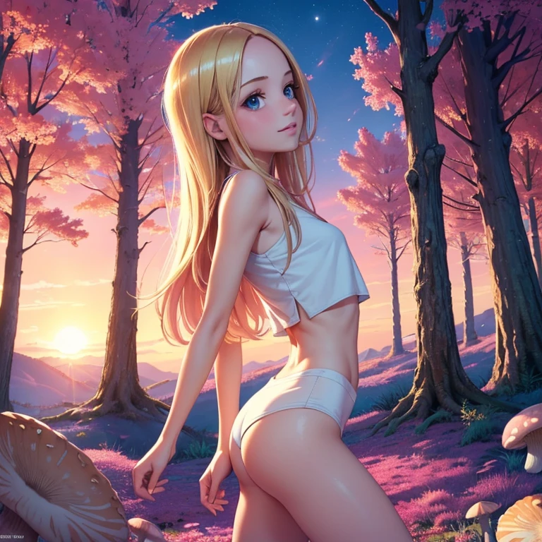 (masterpiece, best quality:1.4), (8K), Young blonde beauty, (((18 years old, neat girl))), detailed blue eyes, long eyelashes, blush, kind smile, upper body, crop top, small ass, slender thin legs, pink skirt, (from side), (looking at viewer), beautiful blonde hair, white-skinned, long hair, parted bangs, (small breasts), (mushroom forest, celestial forest, beautiful and magnificent pink sunshine, majestic sky), colorful natural light)