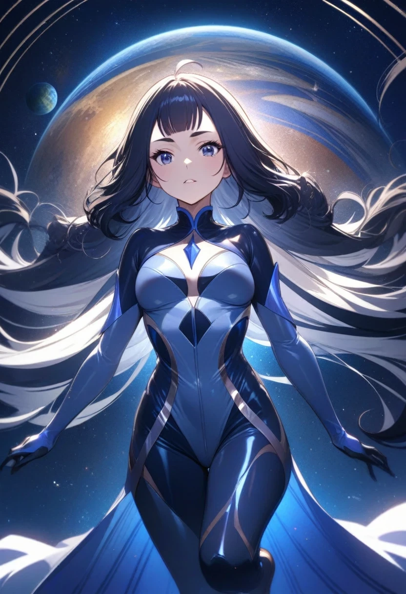 (shylily/(Twich/):1.5),(masterpiece:1.2),(best quality:1.2),, (1girl:1.3),best quality, masterpiece, Space Superhero, Pretty Face,whole body,High-tech armor on silver latex suit,Long curly hair,Fly through deep space like a superhero, There are several planets and the sun in the background