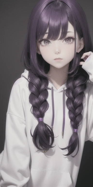 highest quality, masterpiece,Dark purple colored hair, Golden Eyes, Eye corners rise, White hoodie, Upper Body,hair,Fair skin,Side braid