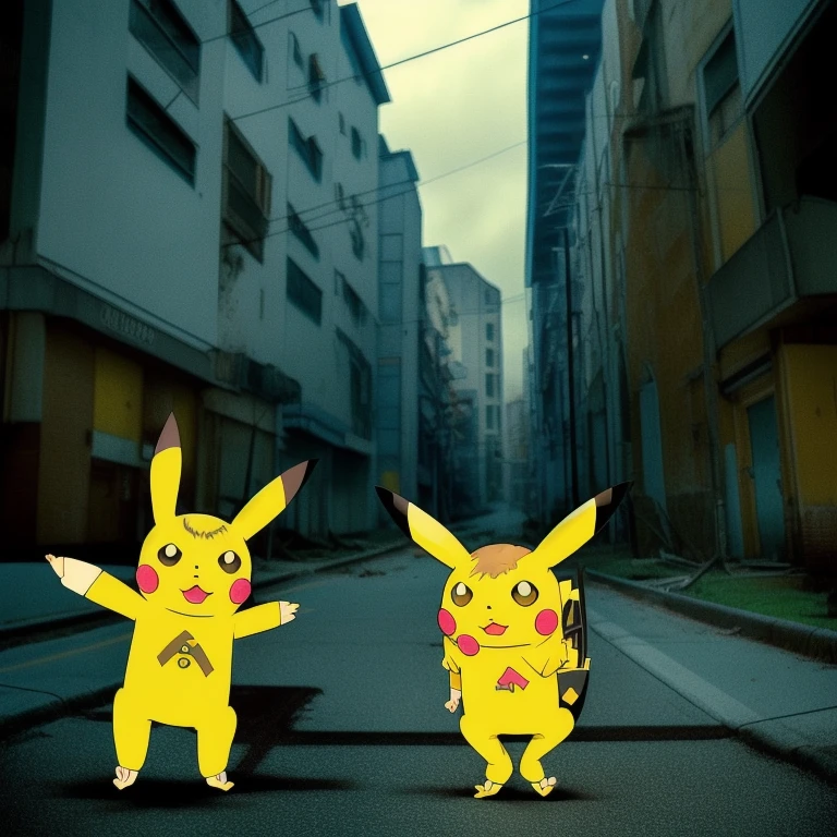 90s anime style, alone, (((Muscular Pikachu))) Pikachu attacks,In the background is an abandoned, abandoned building, Gloomy atmosphere, Cinematic, Detailed body, Fine grain, 8k, highest quality, Full Sharp, Very detailed, Skin pores, Natural skin texture, Superior quality,((Scary Pikachu/Creepy Pikachu)),((humanoid:1.5)),(((4th degree:1.4))),
