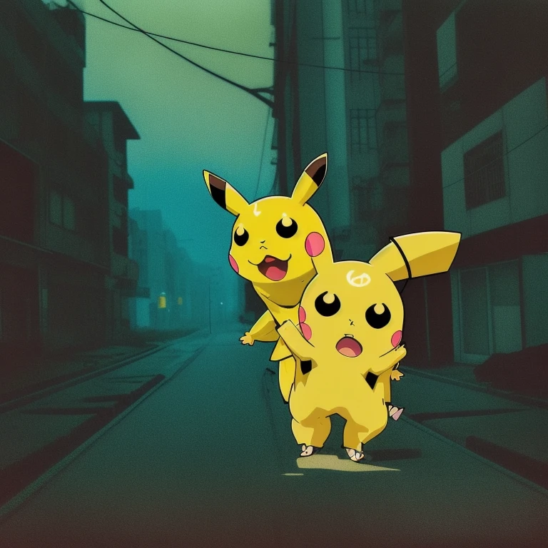 90s anime style, alone, (((Muscular Pikachu))) Pikachu attacks,In the background is an abandoned, abandoned building, Gloomy atmosphere, Cinematic, Detailed body, Fine grain, 8k, highest quality, Full Sharp, Very detailed, Skin pores, Natural skin texture, Superior quality,((Scary Pikachu/Creepy Pikachu)),((humanoid:1.5)),(((4th degree:1.4))),