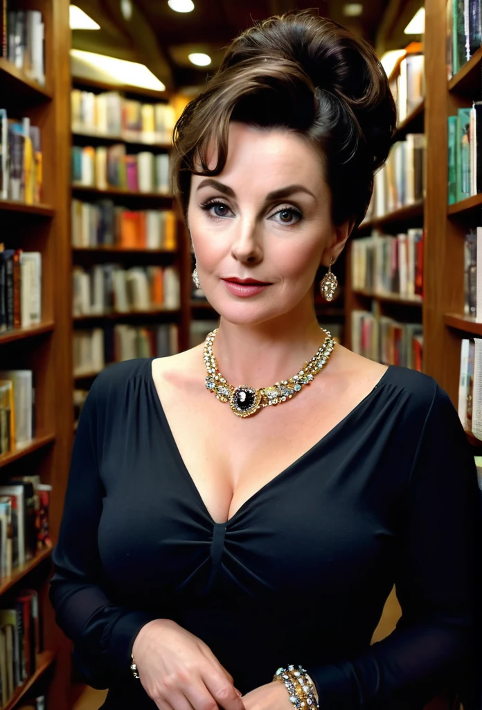 (photorealistic, candid photo), gorgeous European mature lady [Elizabeth Taylor:Maude Adams:0.45], pale skin, messy hair bun, subtle makeup, perfect curves, busty, slightly chubby, oval pretty face, sharp almond eyes, sharp cheekbones, perfect high nose, perfect large , very attractive, wearing a sexy blouse showing out her breasts, tight jeans, a thin pendant necklace, earrings, bracelet, retrobigguns, choosing some books in a big bookshop with bookshelves lining on the wall. she looks very sexy and lustful, eye level camera, vibrant color, soft ambience lighting, sharp focus, full body view, wide angle lens, symmetrical composition, perfect composition, rule of thirds composition, subject positioned off-center, perfect body anatomy, proportional body,  photo realism, best quality, 8k, masterpiece