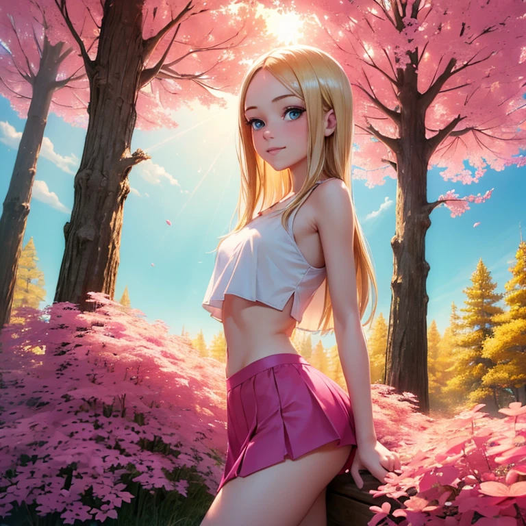 (masterpiece, best quality:1.4), (8K), Young blonde beauty, (((18 years old, neat girl))), detailed blue eyes, long eyelashes, blush, kind smile, upper body, crop top, small ass, slender thin legs, pink skirt, (from side), (looking at viewer), beautiful blonde hair, white-skinned, long hair, parted bangs, (small breasts), (mushroom forest, celestial forest, beautiful and magnificent pink sunshine, majestic sky), colorful natural light)