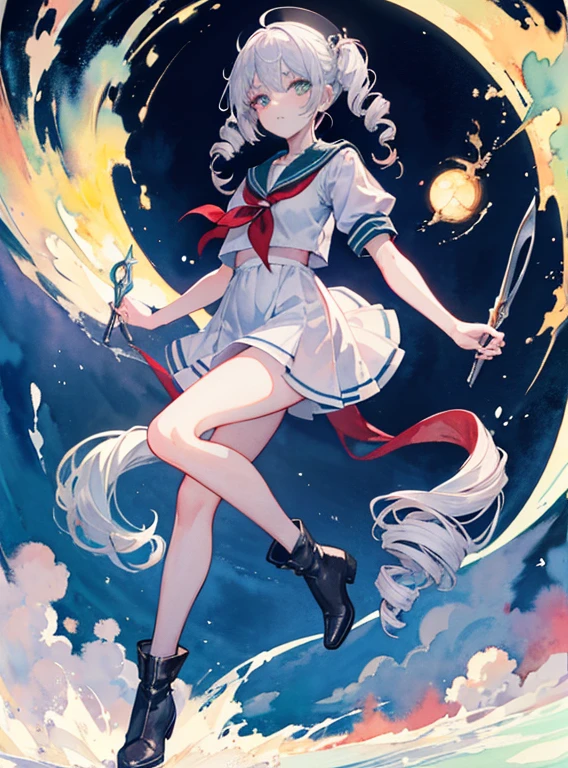 ((Sickle)),Green Eyes Top Quality Super Detailed,unity 8k wallpaper,Embarrassing,Sailor suit,((Twin Drill)),Sickle,Dark fantasy,((watercolor)),whole body,moonlit garden,((Glowing Eyes)),beautiful girl,Silver Hair,Wide Shot,Braided boots