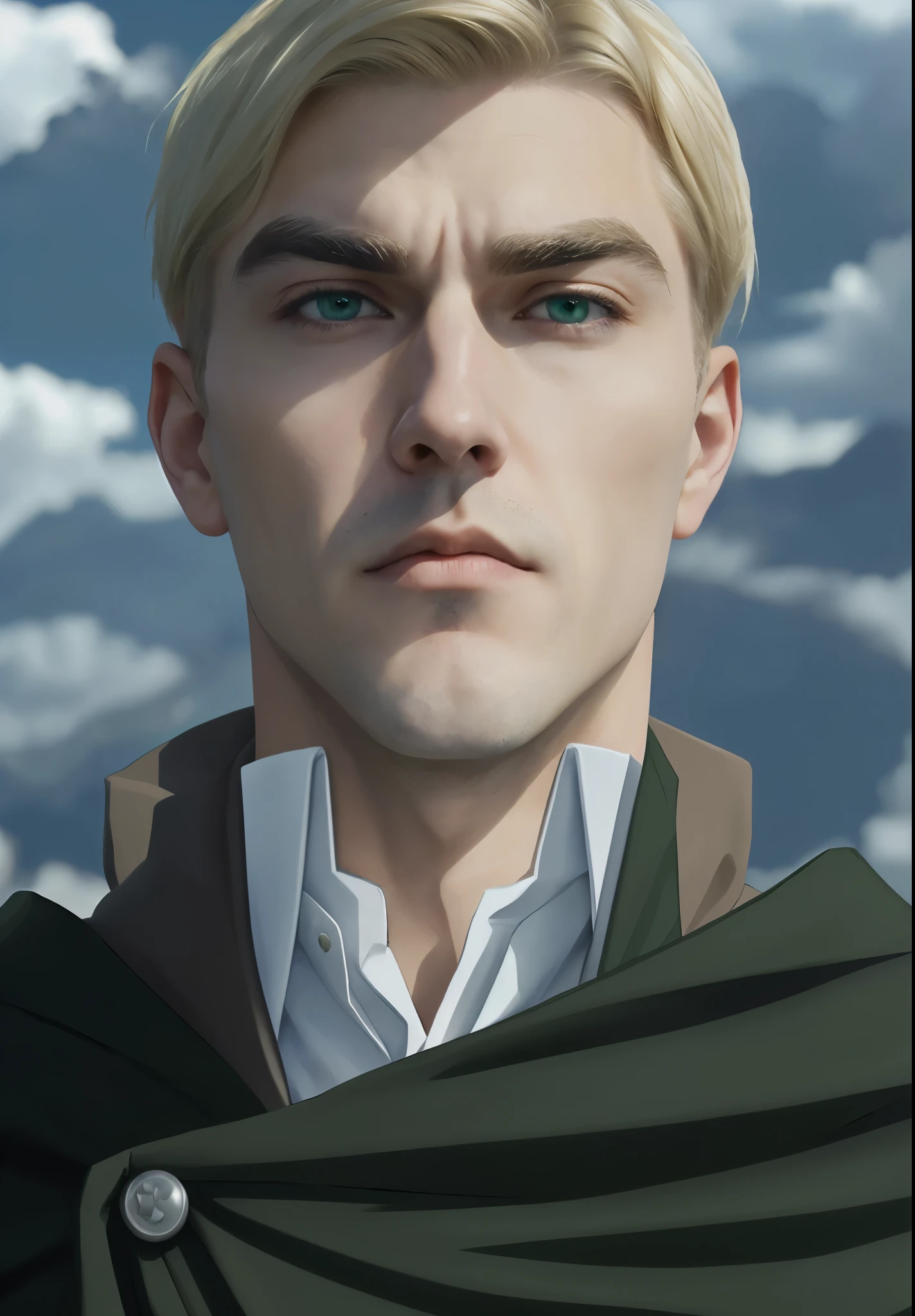 white man, with short blonde hair, serious expression, green cloak, masculine face, thick eyebrows