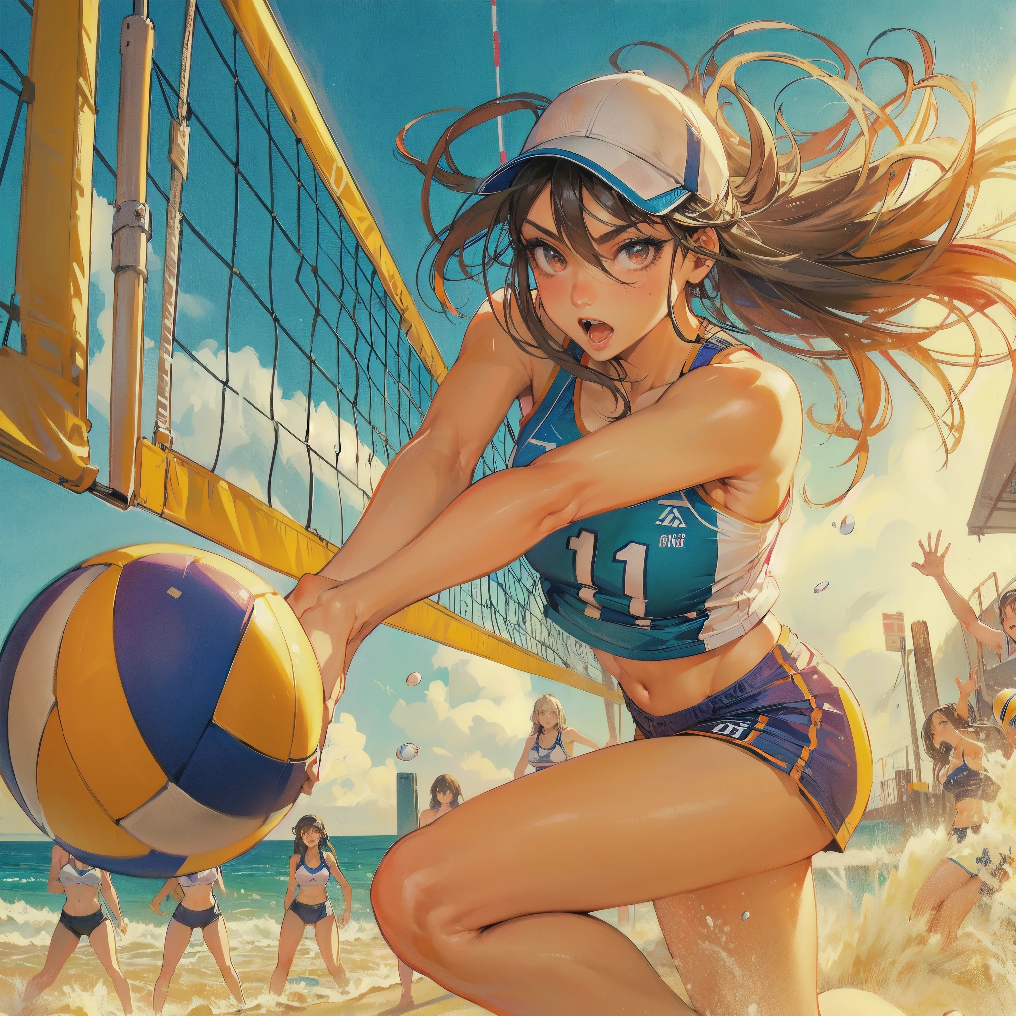 high quality,HD,16k,sharp lines,1 girl,Female beach volleyball athlete ,cute face, large breasts, nice legs,At the beach volleyball venue,focus girl,detailed beautiful face,detailed clothes,beautiful eyes,cool,dynamic angle