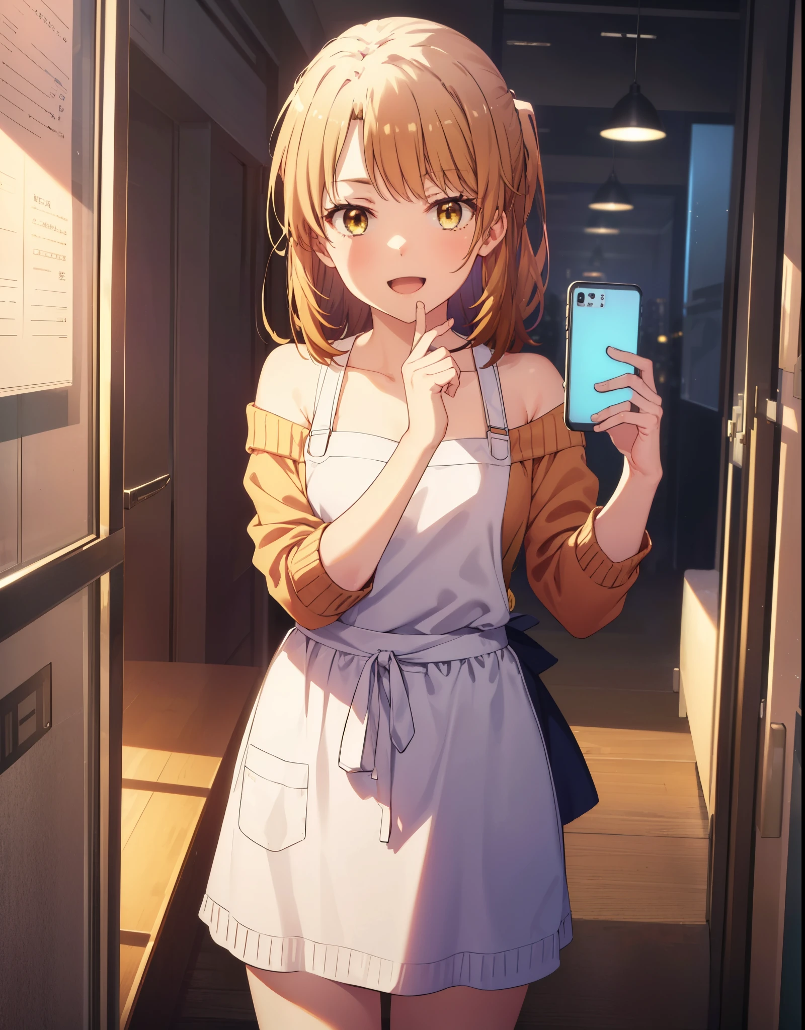 irohaisshiki, Isshiki Iroha,Long Hair, Brown Hair, ponytail,(Brown eyes:1.5), night,happy smile, smile, Open your mouth,
Off-the-shoulder sweater,Long skirt,indoor slippers,apron,Entrance,So that the whole body goes into the illustration,
break indoors,indoor　Entrance,
break looking at viewer,(Cowboy Shot:1. 5)
break (masterpiece:1.2), highest quality, High resolution, unity 8k wallpaper, (shape:0.8), (Beautiful and detailed:1.6), Highly detailed face, Perfect lighting, Highly detailed CG, (Perfect hands, Perfect Anatomy),