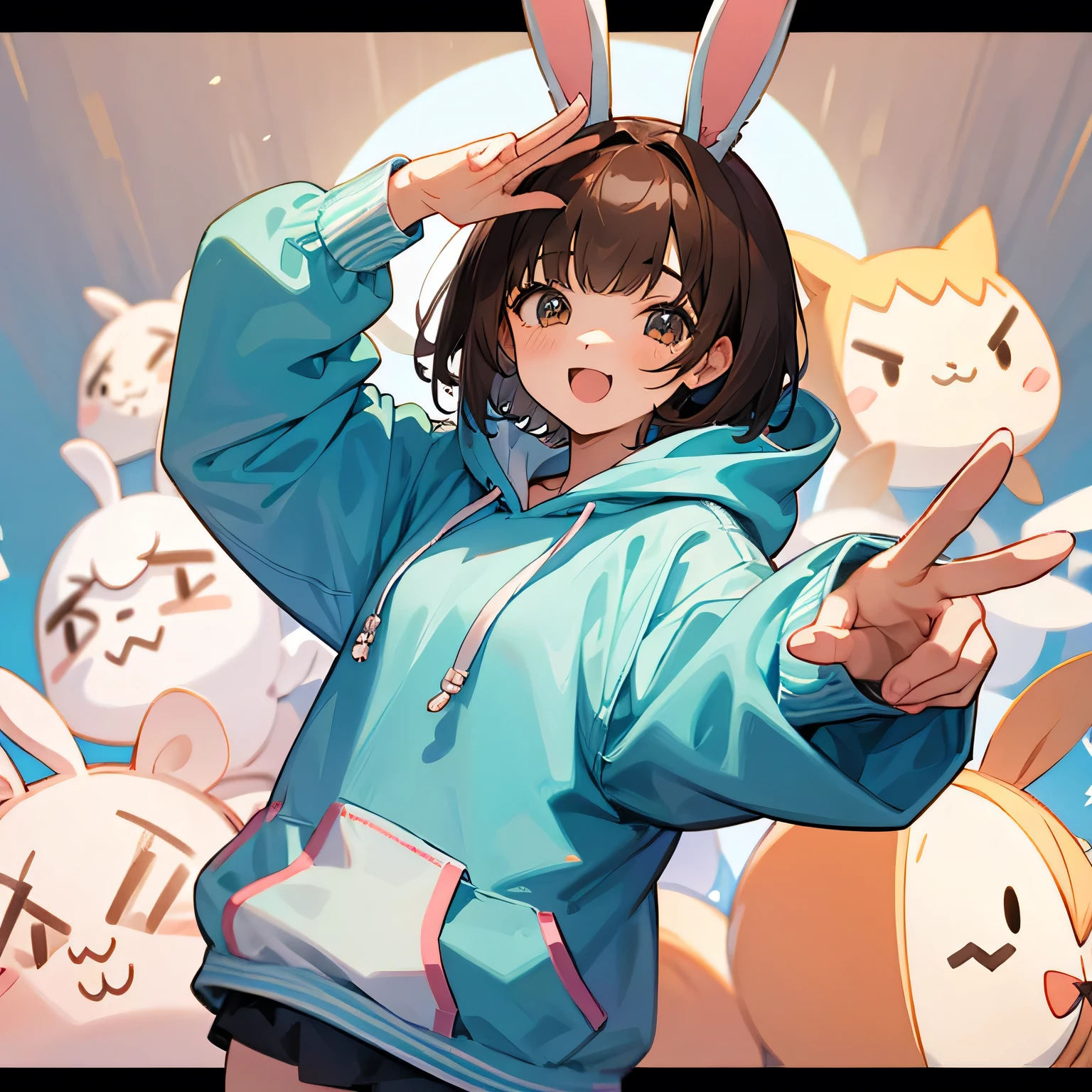 girl、Brown Hair、short hair、hoodie、Bunny ears